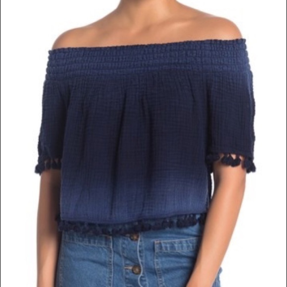 Michael Stars Tassel Trim Smocked‎ Top dip dye navy